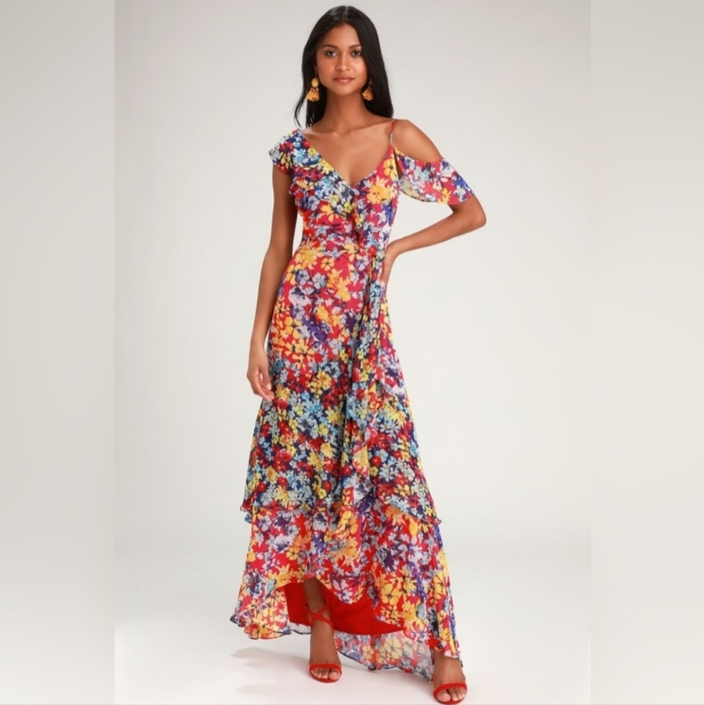 NWT Lulu's Radiant Ruby Red Floral Maxi Dress XL